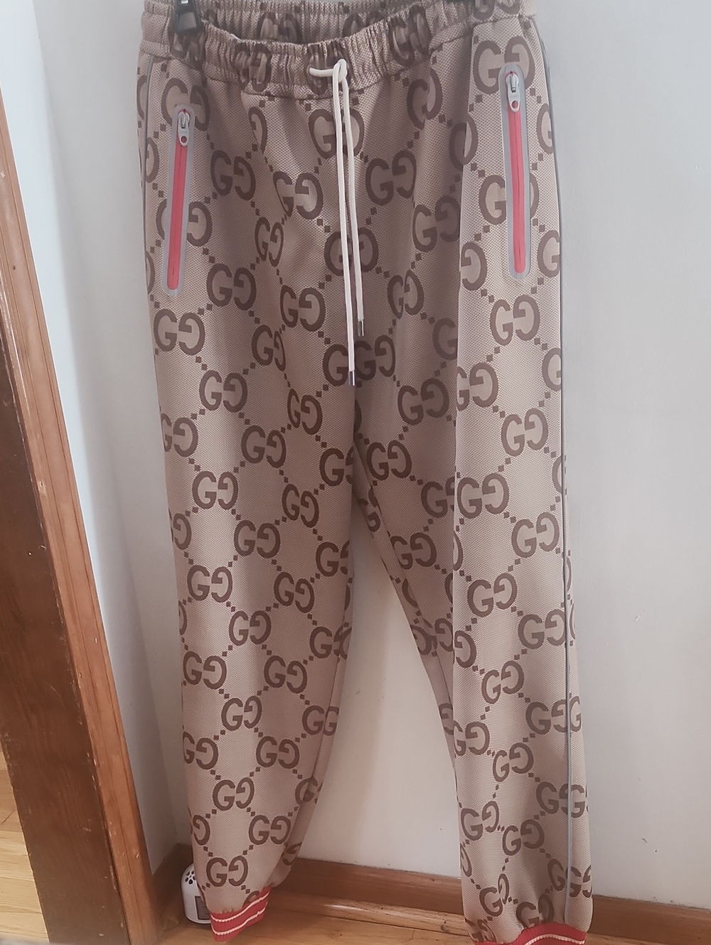 Authentic Gucci Beige/Brown GG Logo Track Joggers with Red Zip Trim